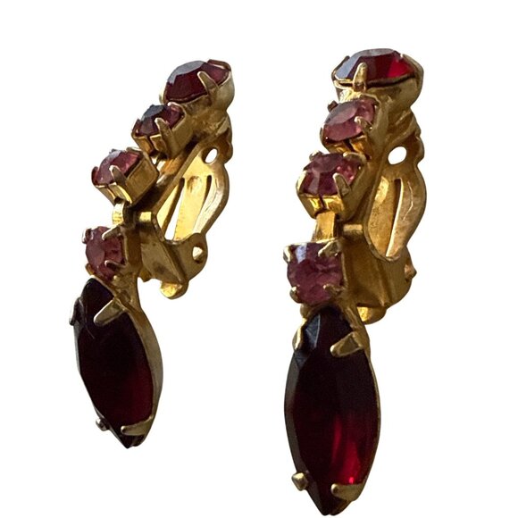 Vintage Gold-Tone Clip-On Earrings With Red & Pink Rhinestones - Picture 6 of 9